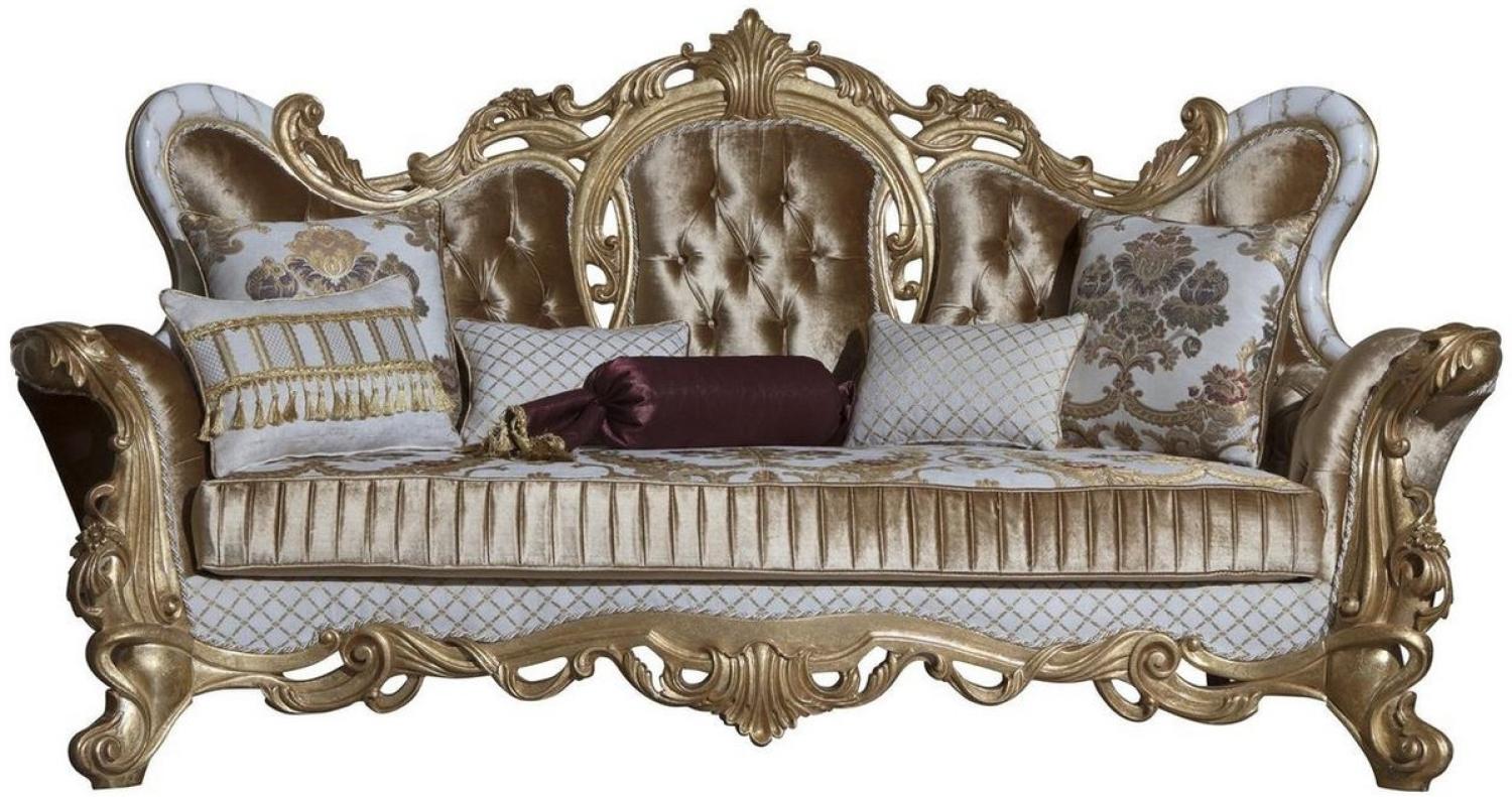 Casa Padrino Luxus Barock Sofa Gold / Weiß / Gold 248 x 108 x H. 122 cm - Wohnzimmer Sofa mit elegantem Muster und dekorativen Kissen - Prunkvolle Barock Möbel Bild 1