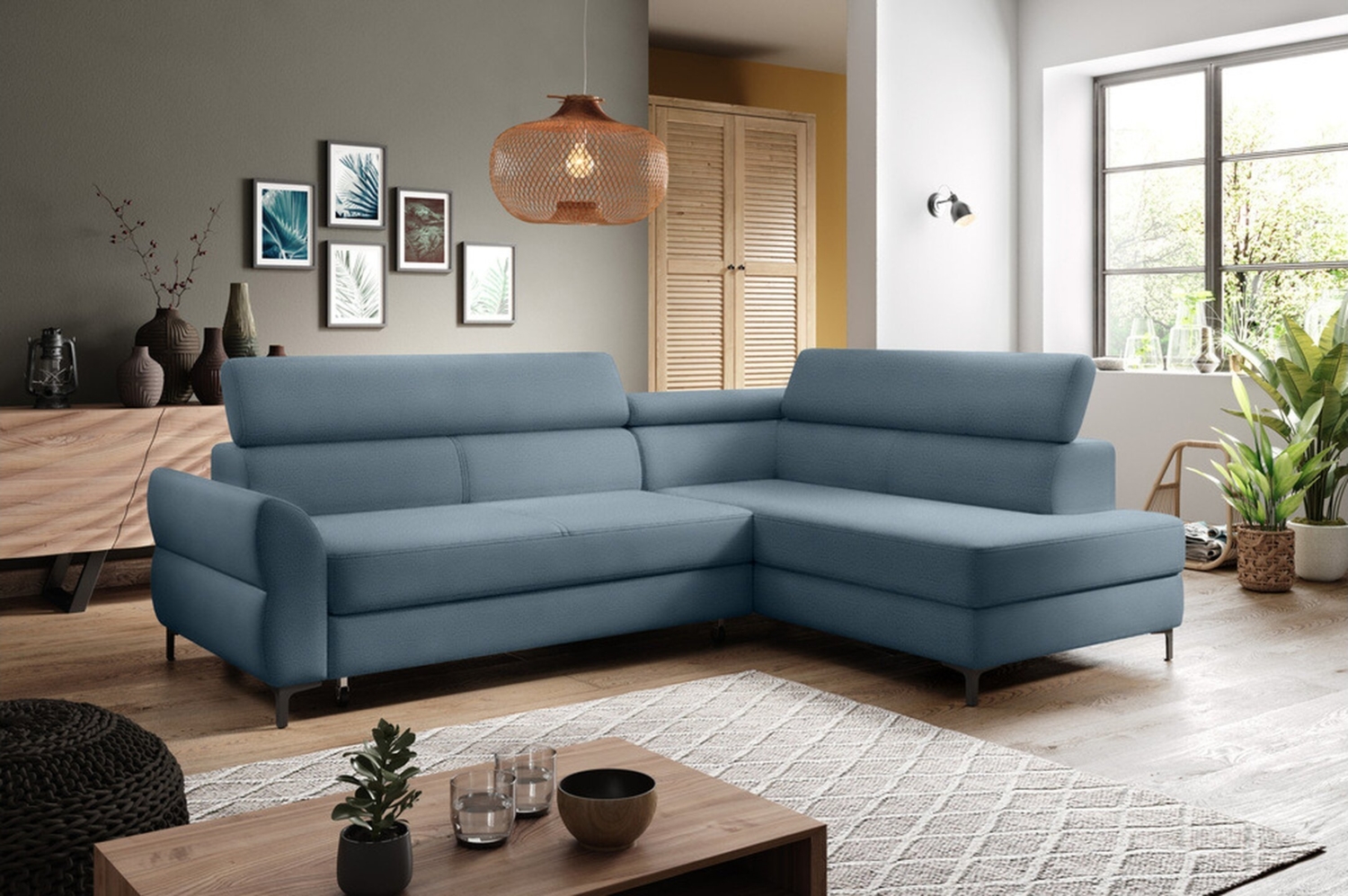 Stylefy Remondini Ecksofa Strukturstoff Pastellblau Rechts Bild 1