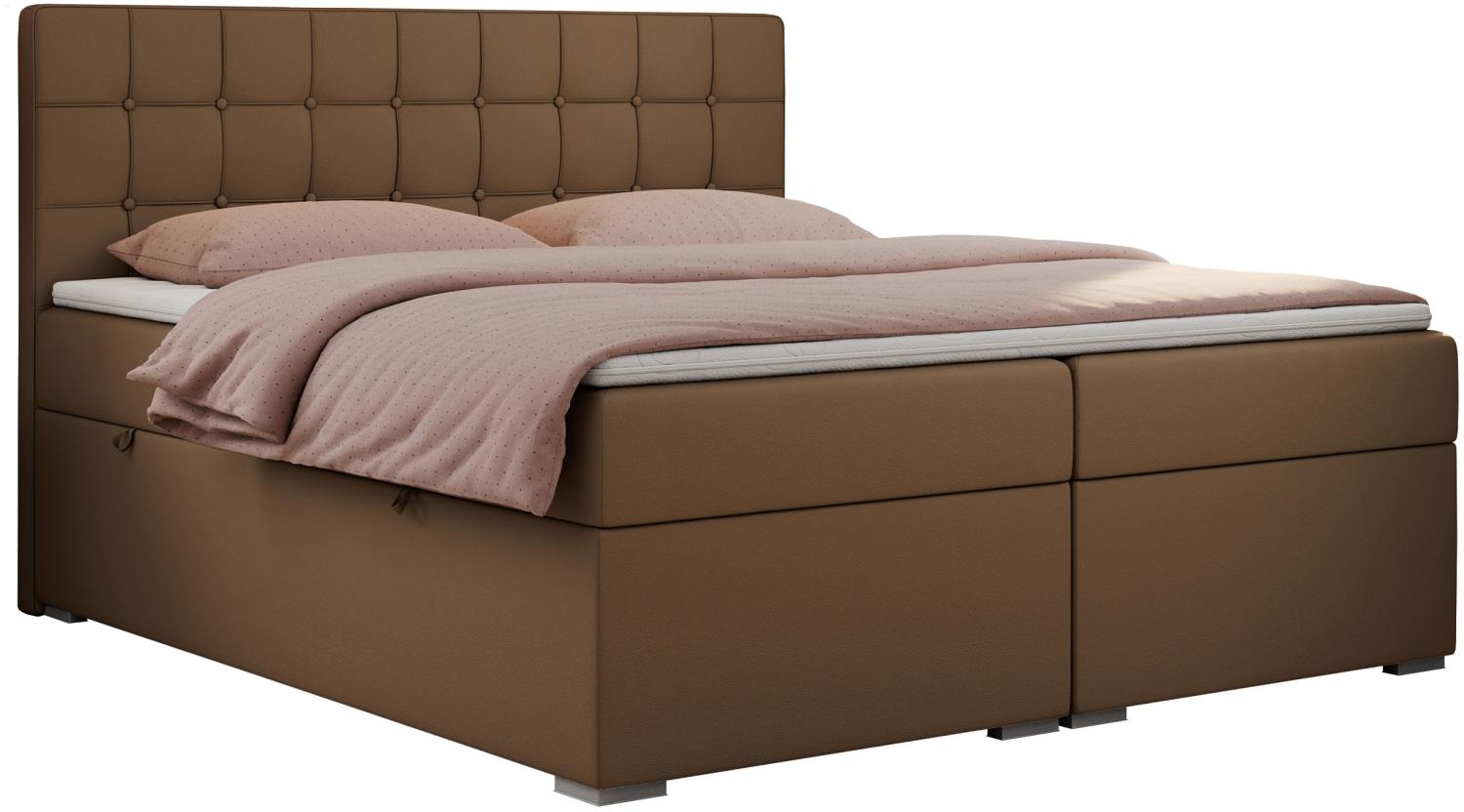 Boxspringbett, Doppelbett, Polsterbett mit Kopfstütze - CARMEN - 140x200cm - Braun Kunstleder - H4 Bild 1