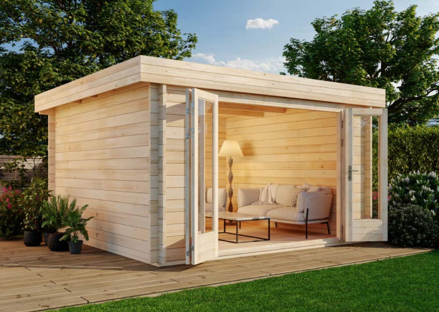 Alpholz Gartenhaus Java-44 B ISO mit großer Falttür Gartenhaus aus Holz Holzhaus mit 44 mm Wandstärke FSC zertifiziert Blockbohlenhaus mit Montagematerial Bild 1