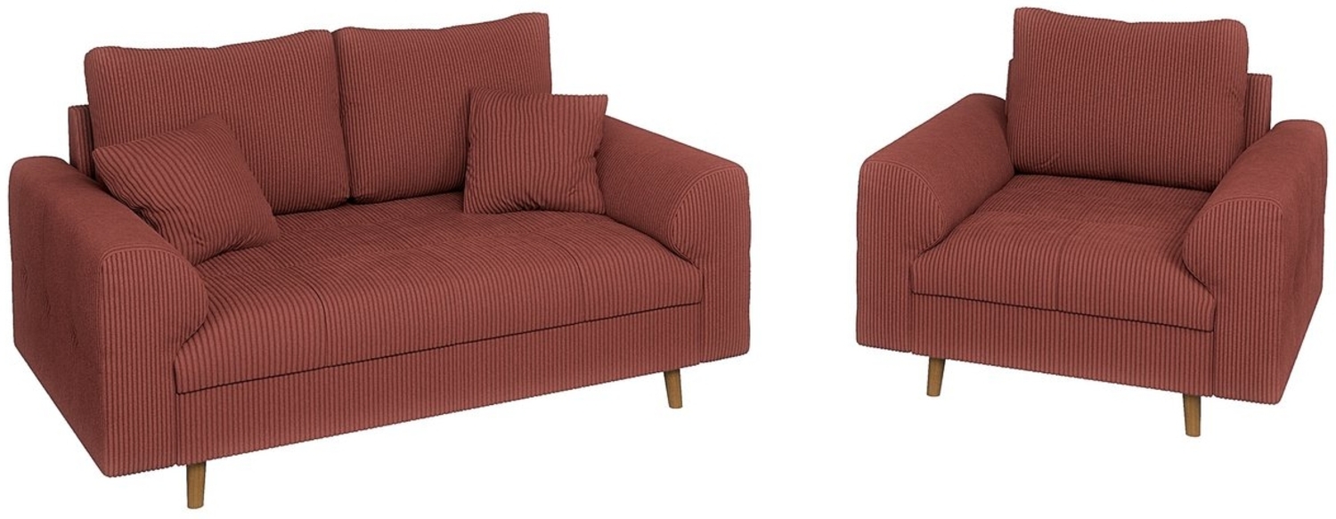 S-Style Möbel Polstergarnitur 2+1 Zara mit Braun Holzfüßen im skandinavischen Stil aus Cord-Stoff, (1x 2-Sitzer-Sofa, 1x Sessel), mit Wellenfederung Bild 1