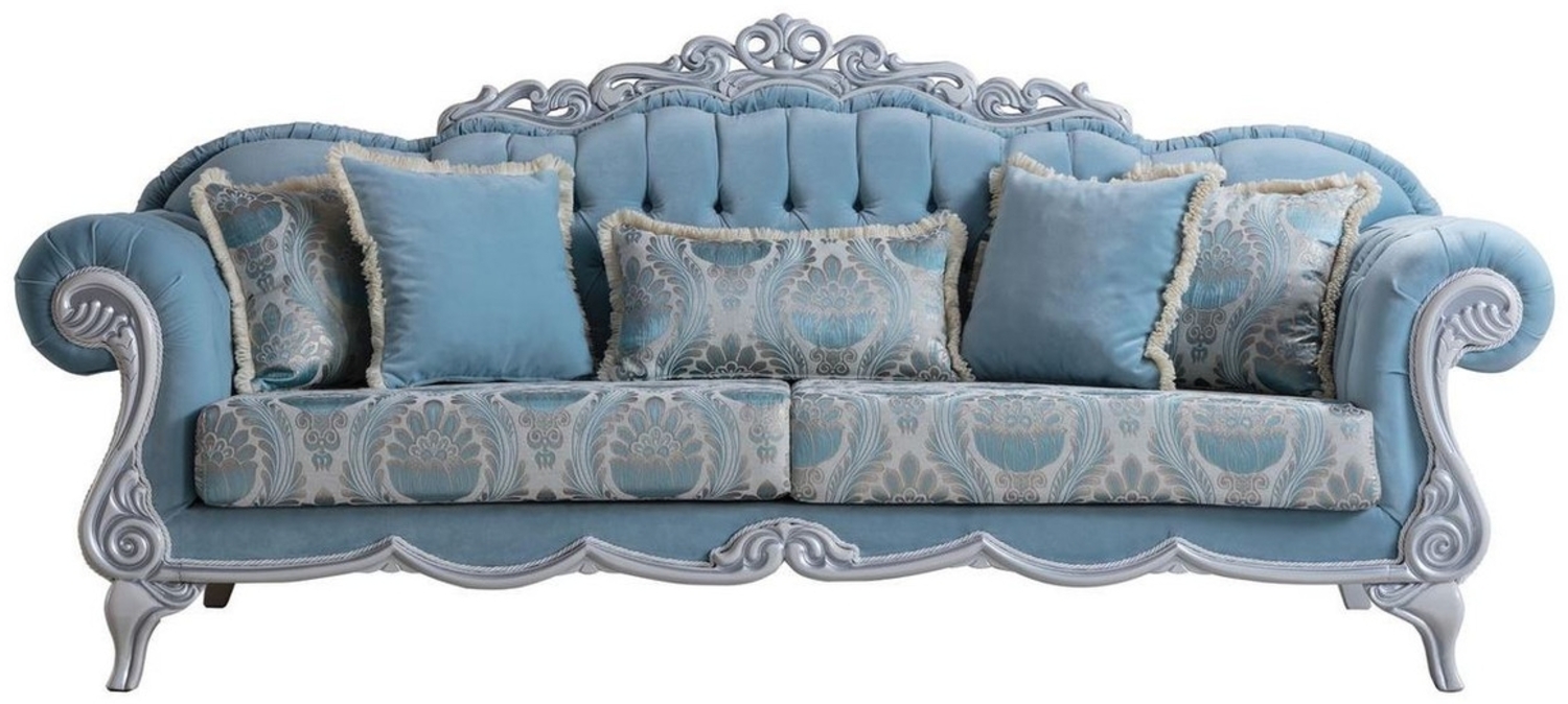 Casa Padrino Luxus Barock Wohnzimmer Sofa mit dekorativen Kissen Hellblau / Grau 237 x 90 x H. 105 cm - Barock Möbel - Edel & Prunkvoll Bild 1