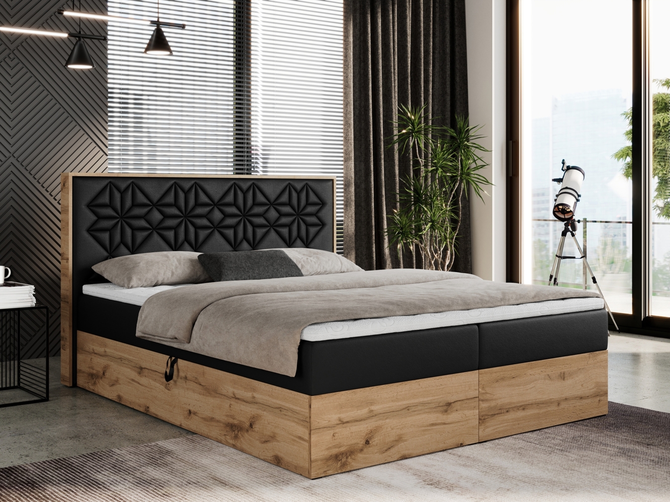 Boxspringbett mit Kopfteil und Topper, Polsterbett - NESSI - 120 x 200 cm - Schwarz Kunstleder - H3 - Topper Visco Bild 1