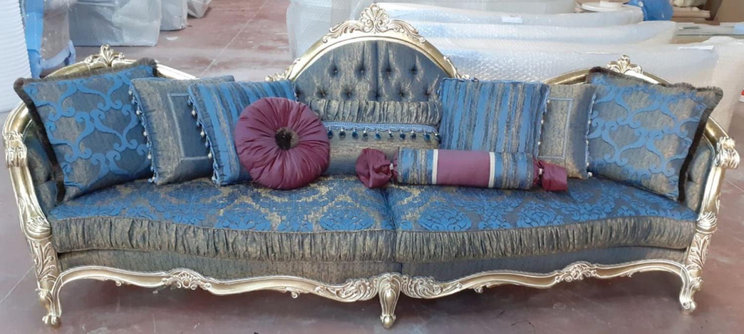 Casa Padrino Luxus Barock Sofa Blau / Gold 300 x 90 x H. 119 cm - Prunkvolles Wohnzimmer Sofa mit elegantem Muster - Barock Möbel Bild 1