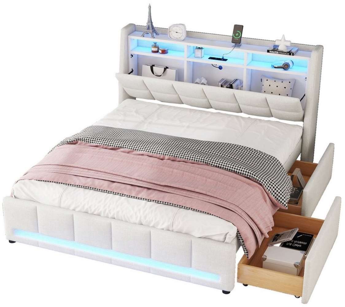 REDOM Polsterbett Funktionsbett Doppelbett Gästebett Stauraumbett Kinderbett (mit LED-Ambientebeleuchtung, USB-Anschluss und Stauraum, Ideal für Schlafzimmer und Jugendzimmer 160x200 cm), mit Matratze Bild 1