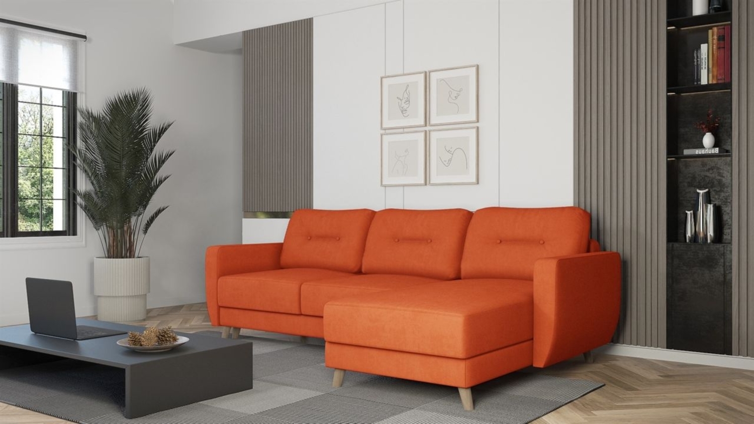 Ecksofa mit Schlaffunktion MARLIES Stoff Opera Velvet Orange Ottomane Rechts Bild 1