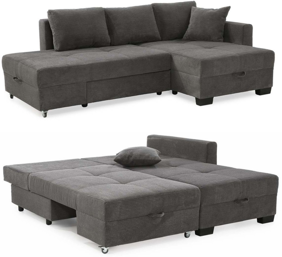 ECKSOFA Doppelbett mit Bettkasten, seitenverkehrt montierbar B247/T155/H87 cm, Liegefläche 183x207 cm, Cord Grau Anthrazit Bild 1