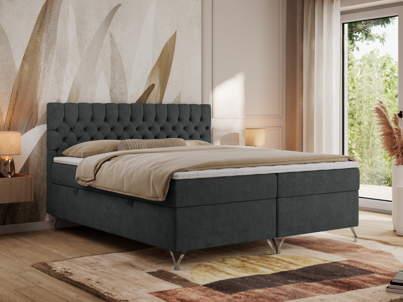 Boxspringbett mit Kopfteil und Topper, Polsterbett - GRIMALDI - 120 x 200 cm - Dunkelgrau Stoff - H3 Bild 1