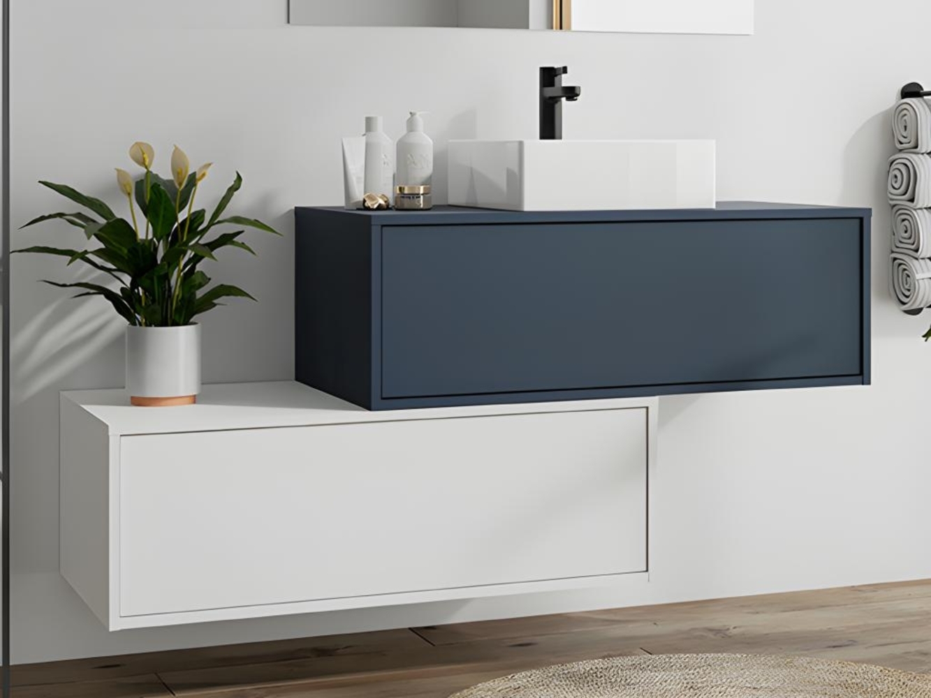 Vente-unique - Waschbeckenunterschrank hängend mit Einzelwaschbecken & zwei Schubladen - Nachtblau & Weiß - TEANA II Bild 1
