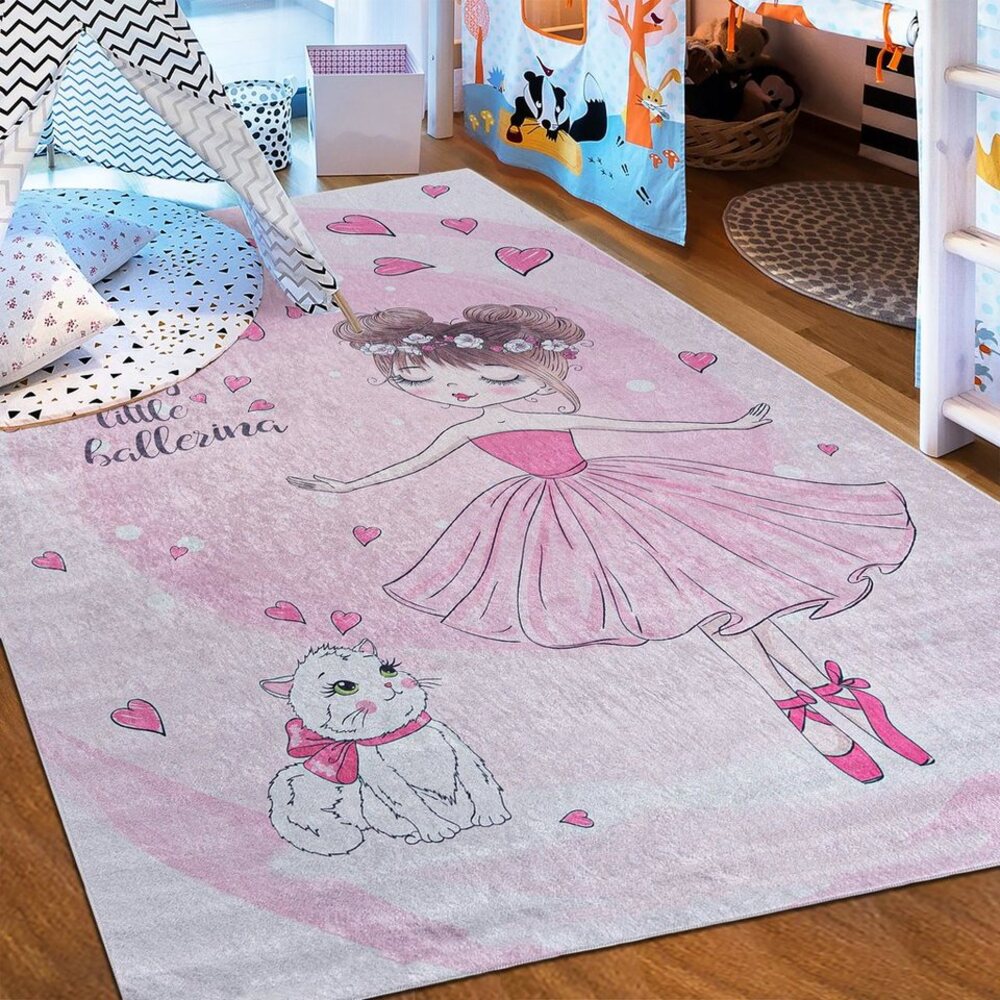 Mazovia Kinderteppich Kinderteppich Kinderzimmerteppich Ballett Ballerina, 80 x 150 cm, Kurflor, Waschbar in Waschmaschine, Höhe 5 mm, Rutschfest Bild 1