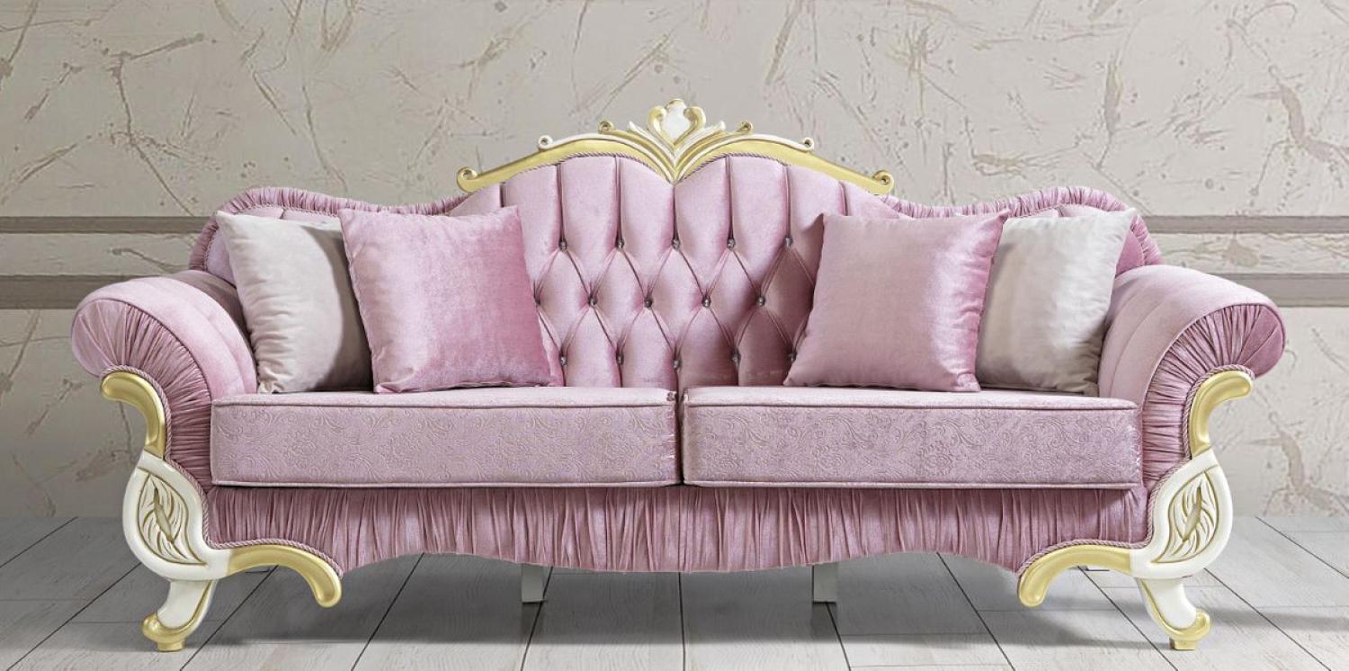 Casa Padrino Barock Wohnzimmer Sofa mit Glitzersteinen Rosa / Weiß / Gold 228 x 105 x H. 85 cm - Edel & Prunkvoll Bild 1