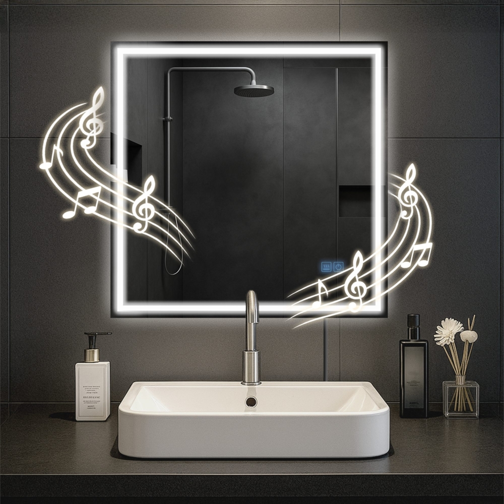 CLP Badspiegel Jaffrey Bluetooth-Lautsprecher Anti-Beschlag Quer- und Hochformat LED,80x80 cm Bild 1