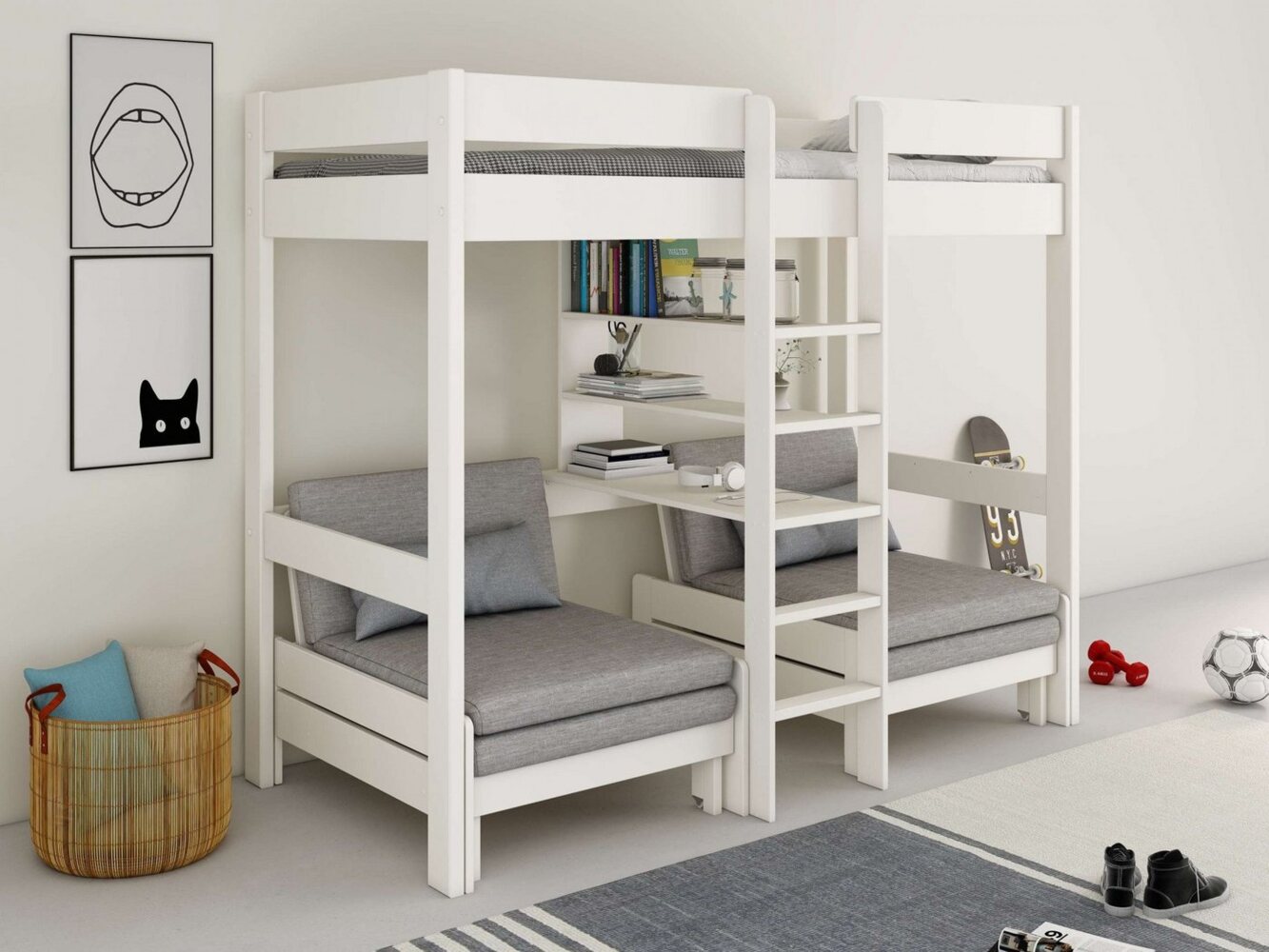 Lüttenhütt Etagenbett "HENNE XL ",Stockbett, Triple-Bett,Raumwunder,mit Regal für Stauraum, 3 Schlafplätze! Massivholz, inklusive Matratzen für Ausziehbetten Bild 1