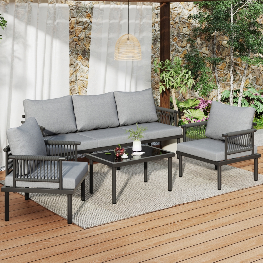 Merax Garten Loungesessel Set, Gartenmöbel Set mit bequemen Kissen, 3er Sofa, 2 Sessel und Couchtisch, Glastischplatte, geflochtene Seilarmlehnen, verzinkter Stahl, grau Bild 1