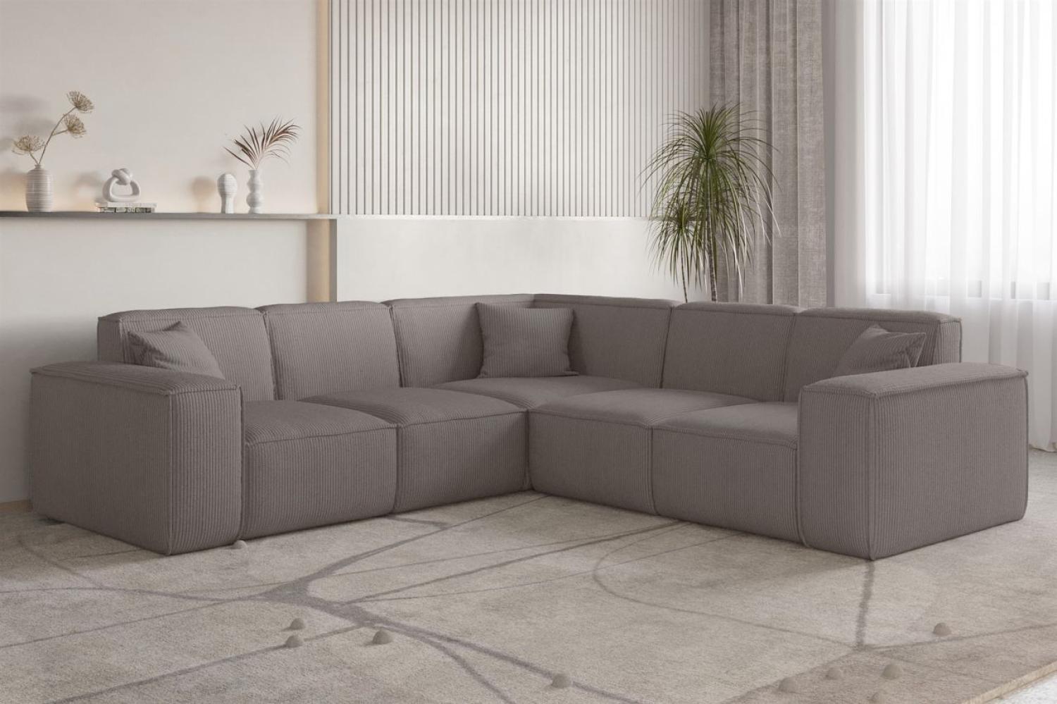 Ecksofa Designersofa CELES PREMIUM in Stoff Scala Taupe Seite Universal Bild 1