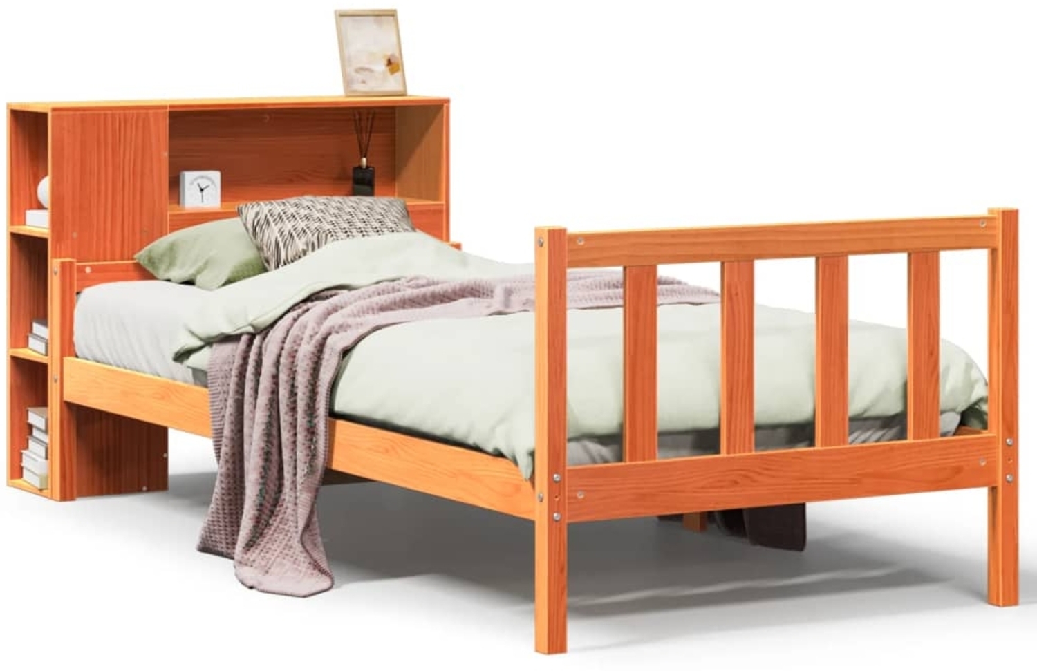 vidaXL Massivholzbett mit Regal ohne Matratze Wachsbraun 75x190 cm 3322113 Bild 1