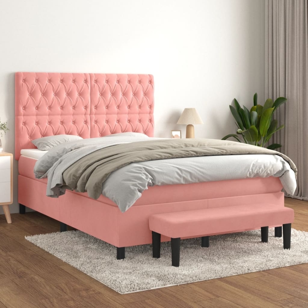 vidaXL Boxspringbett mit Matratze Rosa 140x190 cm Samt 3138024 Bild 1