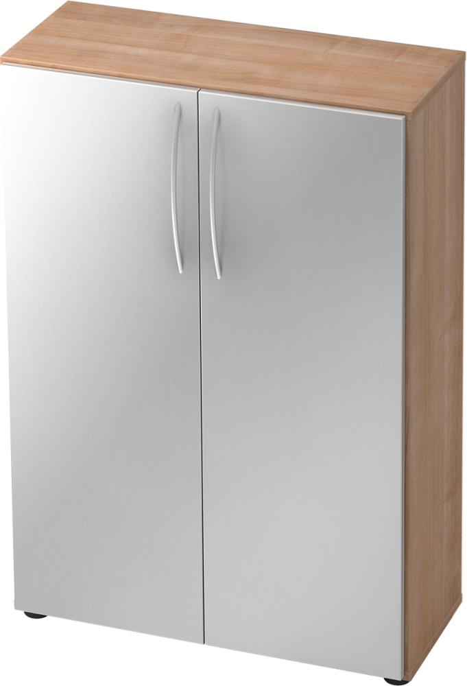 bümö Mehrzweckschrank 80cm breit, Aktenschrank o. Schuhschrank klein, Schrank mit Regal, Kommode in Nussbaum/Silber aus Holz, Vorratsschrank & Haushaltsschrank mit Metallgriffen, 4550-N-S-BM Bild 1