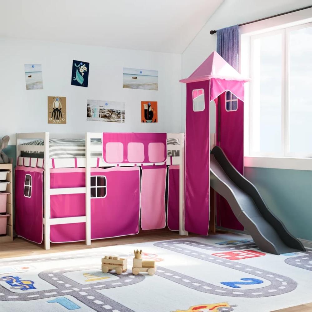 vidaXL Kinderhochbett mit Turm und Rutsche, Rosa, Massivholz Kiefer, Weiß, 90 x 200 cm Bild 1