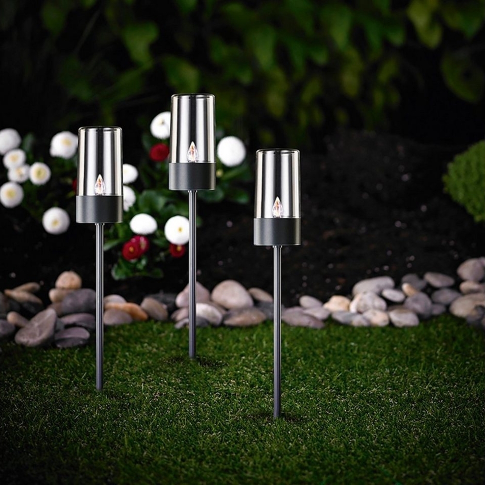 MeLiTec LED Solarleuchte Edelstahl Solarfackel, SO37-1, LED fest integriert, warmweiß, 3er Set Bild 1