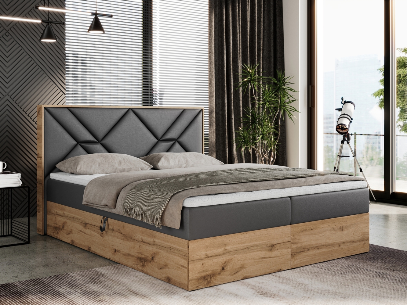 Boxspringbett mit Kopfteil und Topper, Polsterbett - GUNAR - 200 x 200 cm - Dunkelgrau Kunstleder - H3 - Topper Visco Bild 1