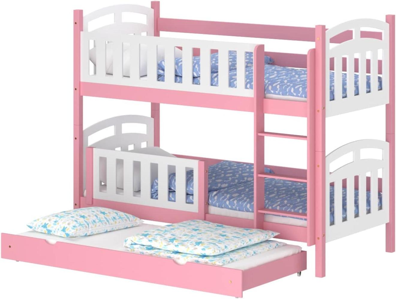 WNM Group Kinderbett Ausziehbar mit Rausfallschutz Suzie - aus Massivholz - Hochbett für Mädchen und Jungen - Absturzsicherung Ausziehbett - Kinderhochbetten 180x90 / 170x90 cm - Rosa Bild 1