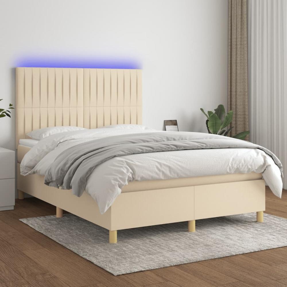 vidaXL Boxspringbett mit Matratze & LED Creme 140x200 cm Stoff, Härtegrad: H2 [3135602] Bild 1