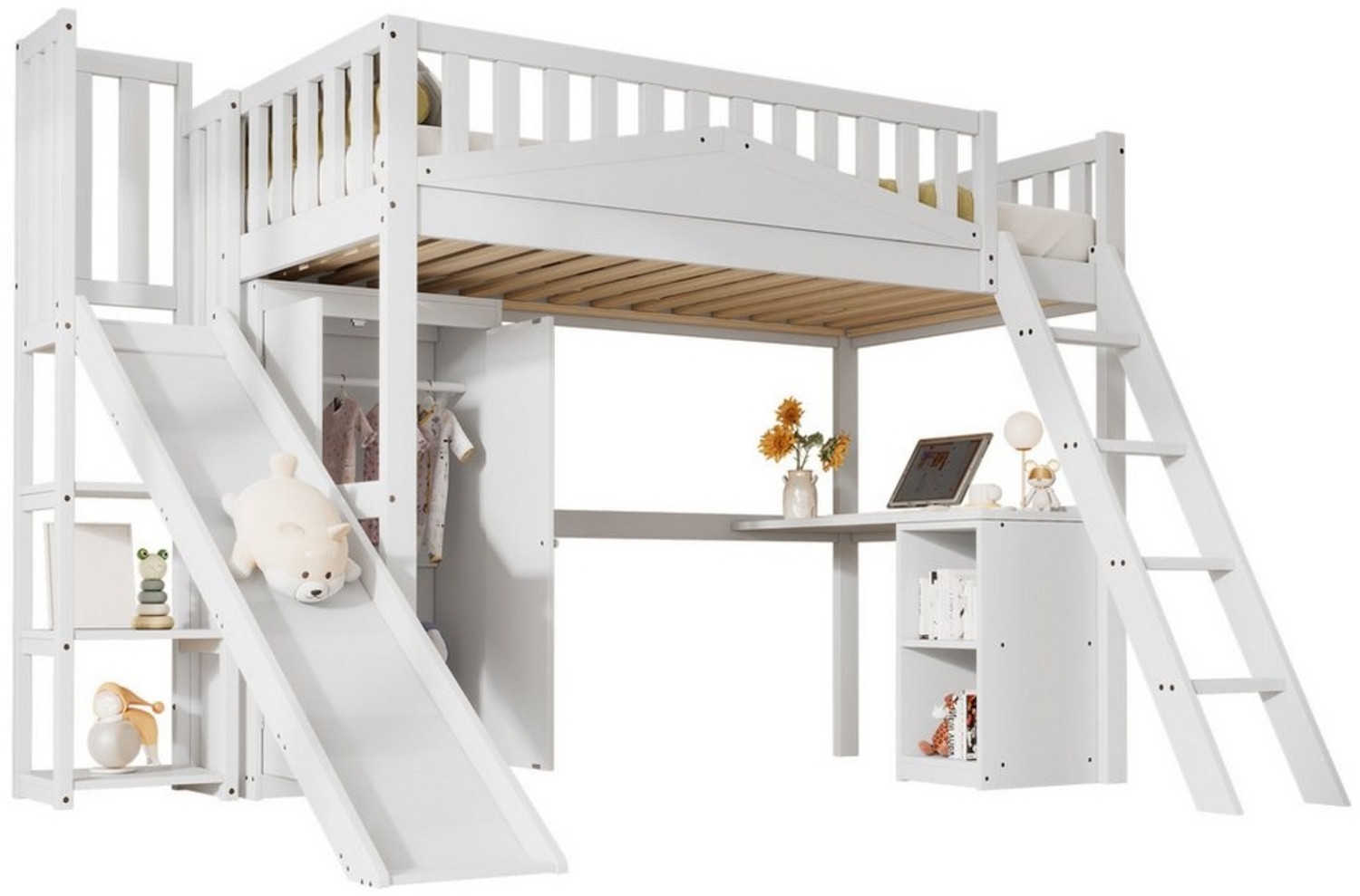 TavilaEcon Hochbett Kinderbett mit Schreibtisch und Kleiderschrank, 90x200cm (Ohne Matratze) Fallschutzgitter, vierstufiger Leiter, 90x200cm Bild 1