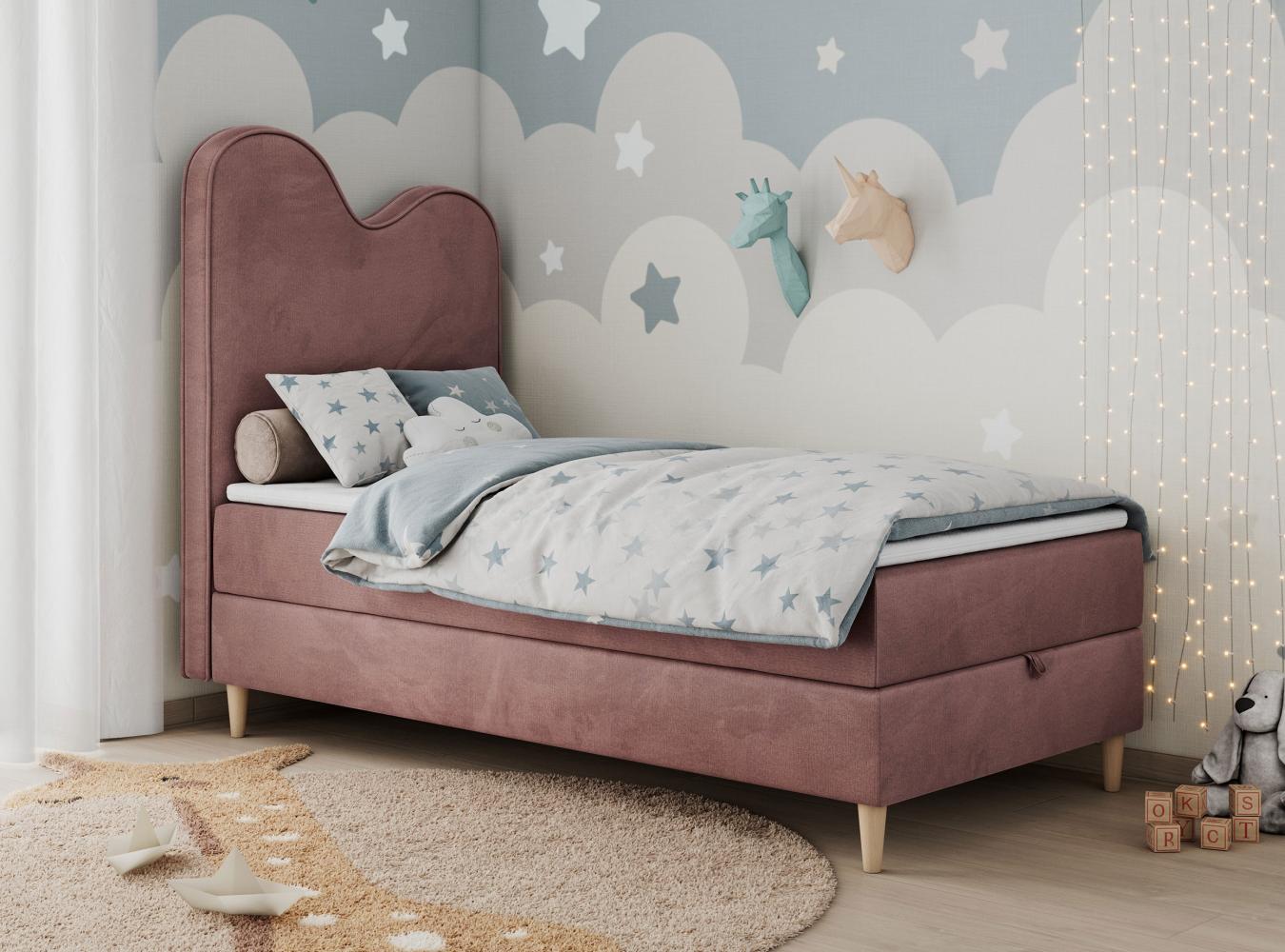 Kinderbett FLOW, Boxspringbett für Kinder, mit hohem Kopfteil, Einzelbett mit Matratze - 90x180 - Dunkelrosa Velvet - Topper T25 Bild 1