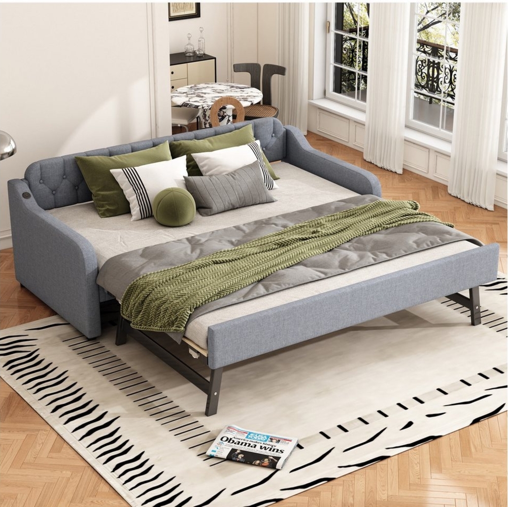 Flieks Daybett, Schlafsofa Tagesbett 90x200cm mit Ausziehbett und USB-Anschluss Leinen Bild 1