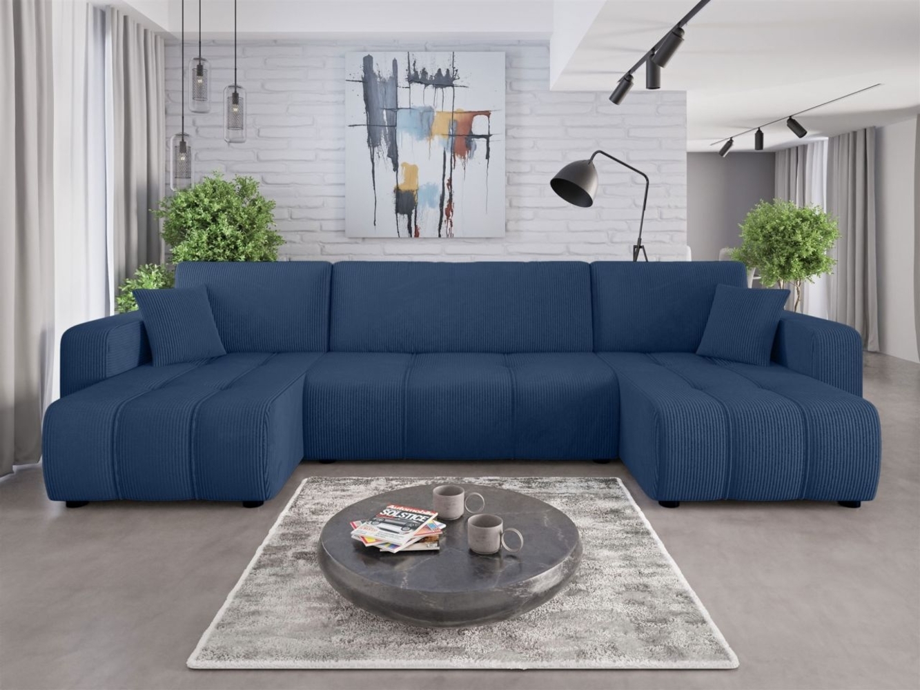 Wohnlandschaft mit Schlaffunktion DAGNY Sofa U-Form in Stoff Poso Blau Bild 1