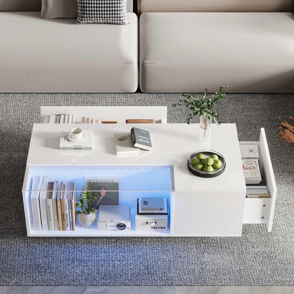 Couchtisch mit LED, Wohnzimmertisch aus gehärtetem Glas, Sofatisch mit viel Stauraum und 2 Schubladen, Hochglanz Kaffeetisch, Beistelltisch, Weiß, 100 x 50 x 35cm Bild 1