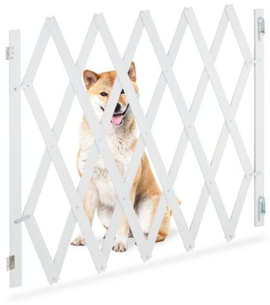 Relaxdays Hundeabsperrgitter ausziehbar bis 140 cm, 87-99 hoch, Bambus, Hunde Schutzgitter für Treppe & Tür, Weiß Bild 1