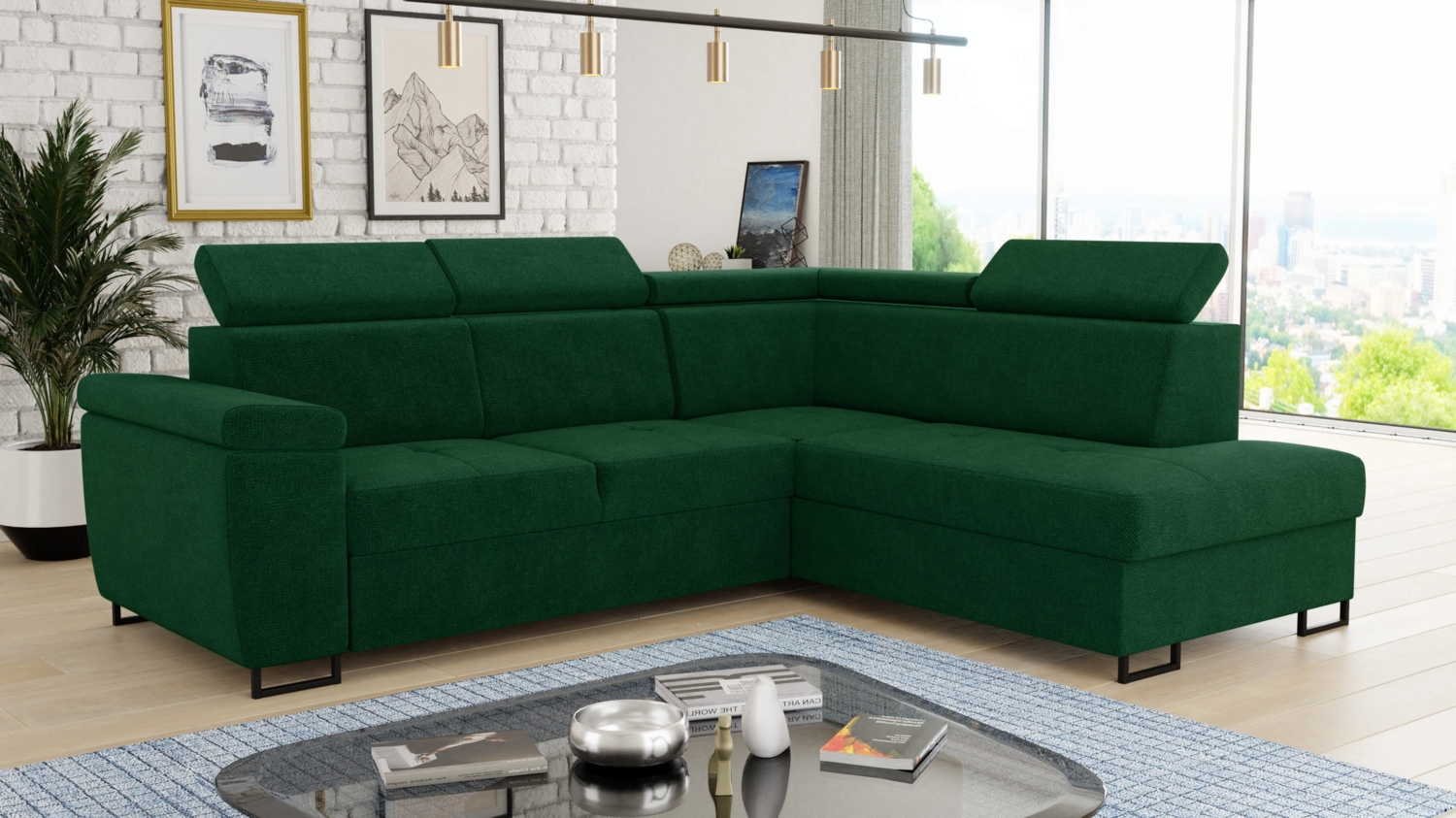 Ecksofa Natan mit Schlaffunktion und einstellbare Kopfstützen - Wohnlandschaft mit Metallfüßen, Couchgarnitur, Bettkasten, Sofa (Ecksofa Rechts, Grün (Kronos 19)) Bild 1