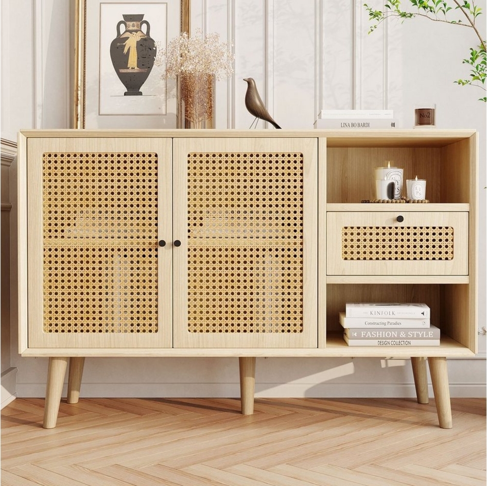 Ulife Sideboard Kommode mit 1 Schubladen und 2 Magnetische Türen,verstellbare Ablagen, Schwarz Metall Bügelgriff,120x 40x80cm Bild 1