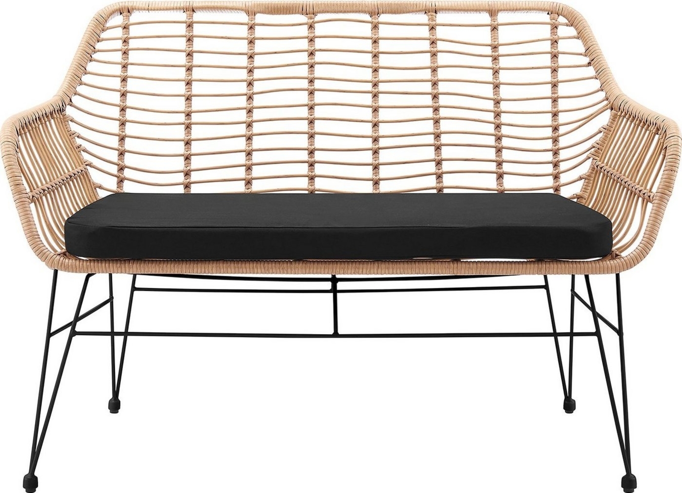 Sitzbank Rattanoptik 120 x 69 cm Natur mit Metallgestell und Sitzkissen Schwarz Bild 1