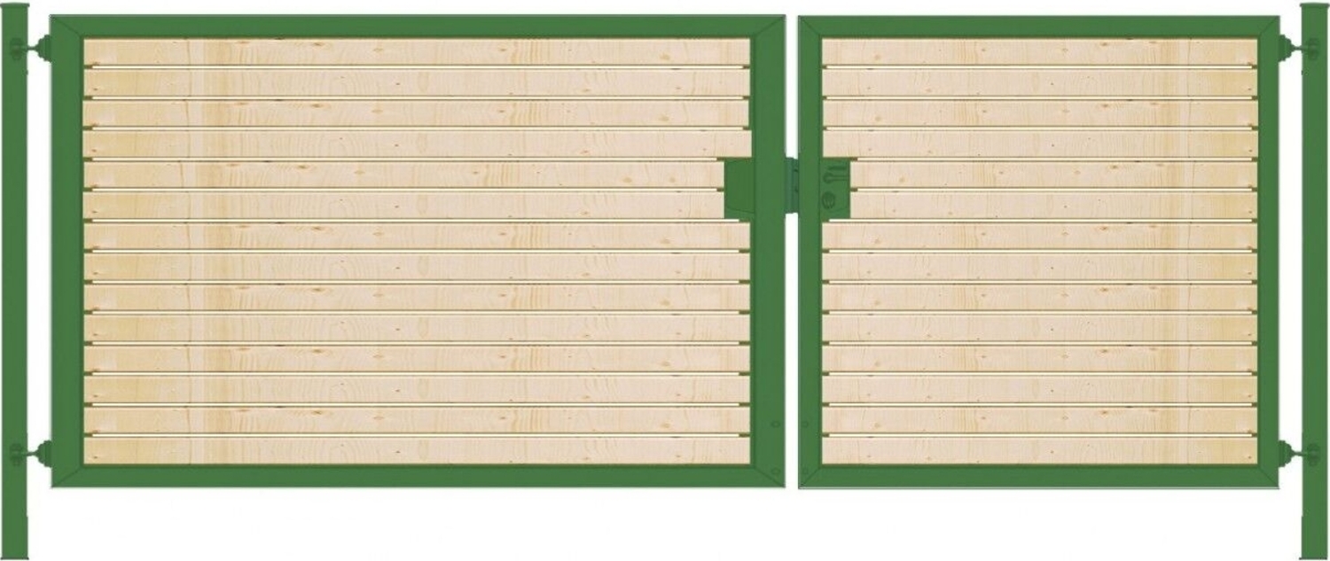 Elektrisches Einfahrtstor Premium-Line (2-flügelig) mit Holzfüllung waagerecht asymmetrisch grün B: 250 cm H: 140 cm Bild 1