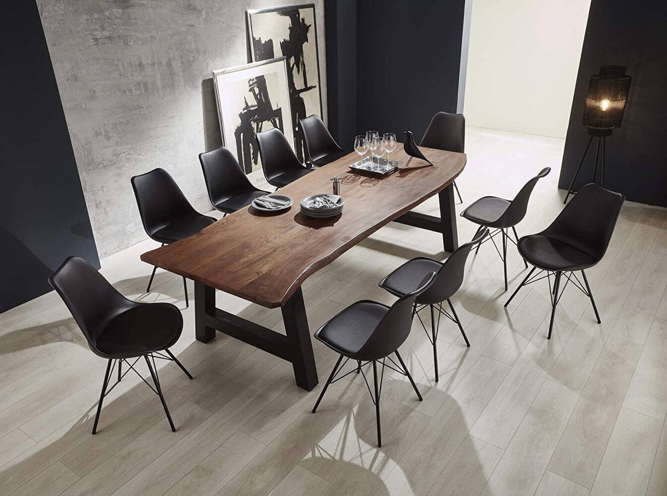 Baumkanten Essgruppe Akazie nussbaum 280 cm A-Gestell schwarz 11tlg. ADELAIDE 529364 Bild 1