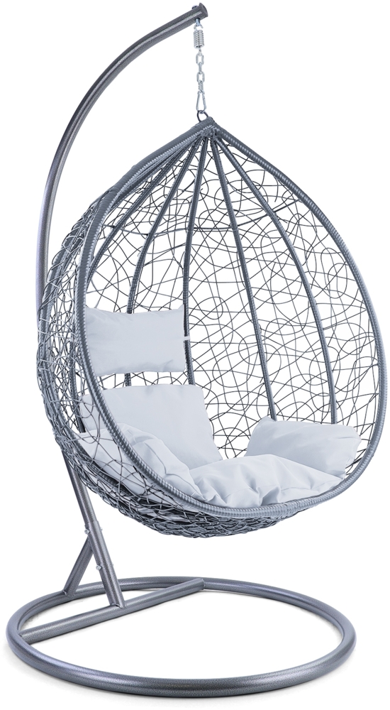 Luxus Hängesessel Miami XXL Polyrattan Korb hellgrau Gestell silber Kissen weiß Bild 1