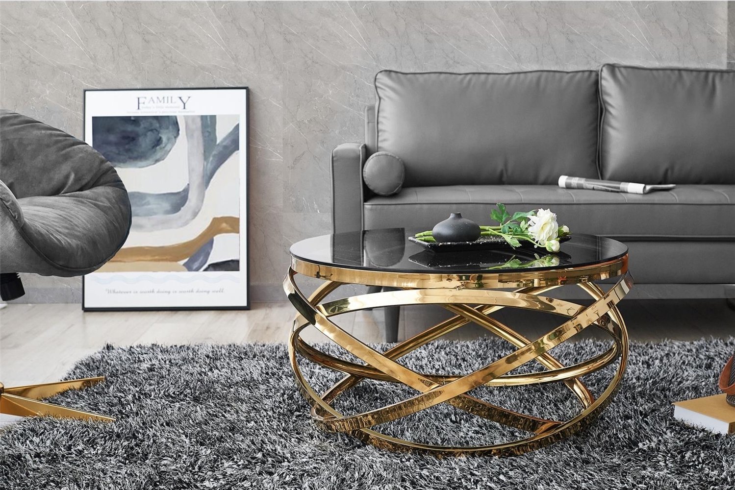 Couchtisch 80 x 80 cm Rund aus Glas mit Designgestell in Gold Bild 1