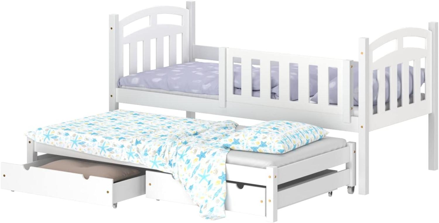 WNM Group Kinderbett Ausziehbar mit Rausfallschutz und Lattenrost Suzie - aus Massivholz - Ausziehbett fr Mdchen und Jungen - Funktionsbett 180x80/170x80 cm - Wei Bild 1