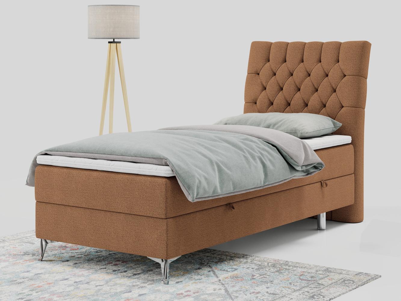 Boxspringbett MILEN, Einzelbett 90x200, Polsterbett mit Multipocket-Matratze und Topper - Orange stoff - rechts - H3 Bild 1