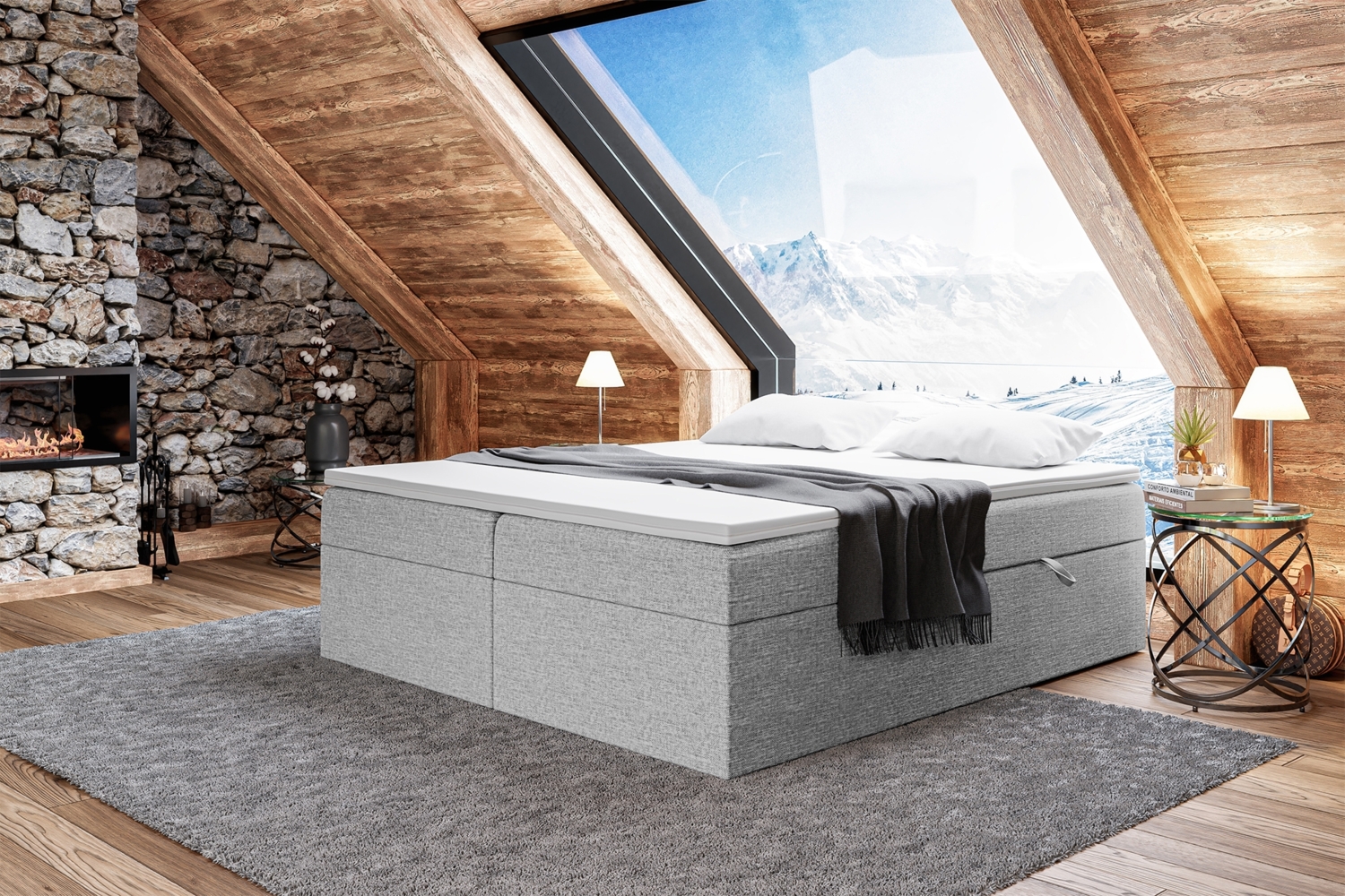 MEBLINI Boxspringbett LIONEL 160x220 cm mit Bettkasten - H3/Grau Webstoff Polsterbett - Doppelbett mit Topper & Bonellfederkern-Matratze Bild 1