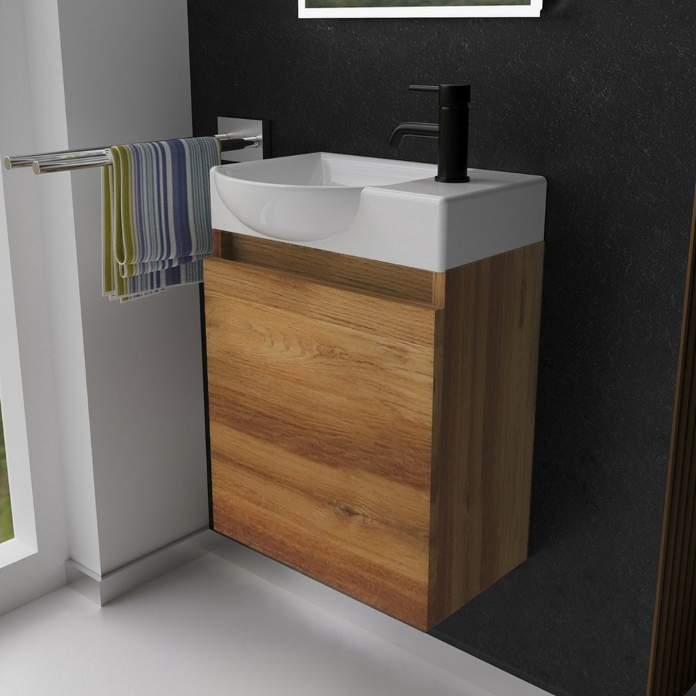 Alpenberger Badmöbel-Set Gäste WC Waschbecken mit Unterschrank - Hängeschrank Vormontiert, (Waschbecken Komplett Set, Badmöbel+Set - Bad Unterschrank), Waschtisch mit Unterschrank Braun - Gäste Waschbecken Bild 1