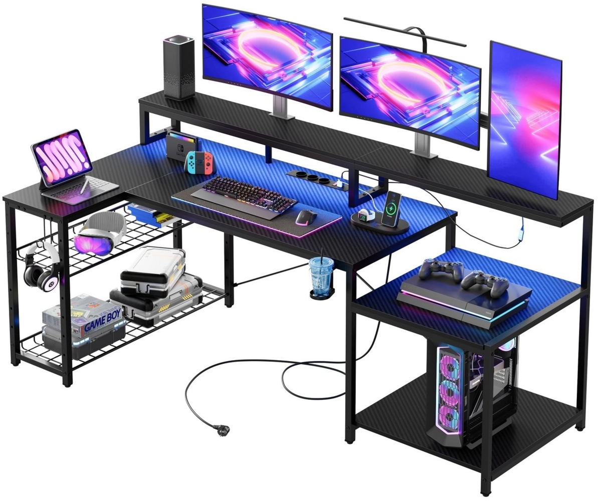 Bestier Gamingtisch 181x80cm Computertisch, L-förmiger Schreibtisch (Gaming Tisch mit 3 AC-Steckdosen und 2 USB-Ladeanschlüssen, Tablett mit Ständer), Extra großer Computertisch mit großzügiger Monitorablage Bild 1