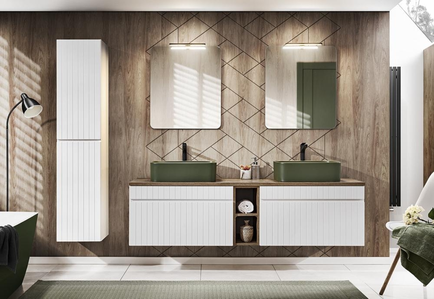 ICONIC WHITE Badmöbel-Set 180 cm mit einer Waschtischplatte, 2 Kama-Aufsatzwaschbecken, einem Hochschrank und einem Spiegel (46x180cm), Weiß matt,Eiche Santa Fe Vintage Bild 1