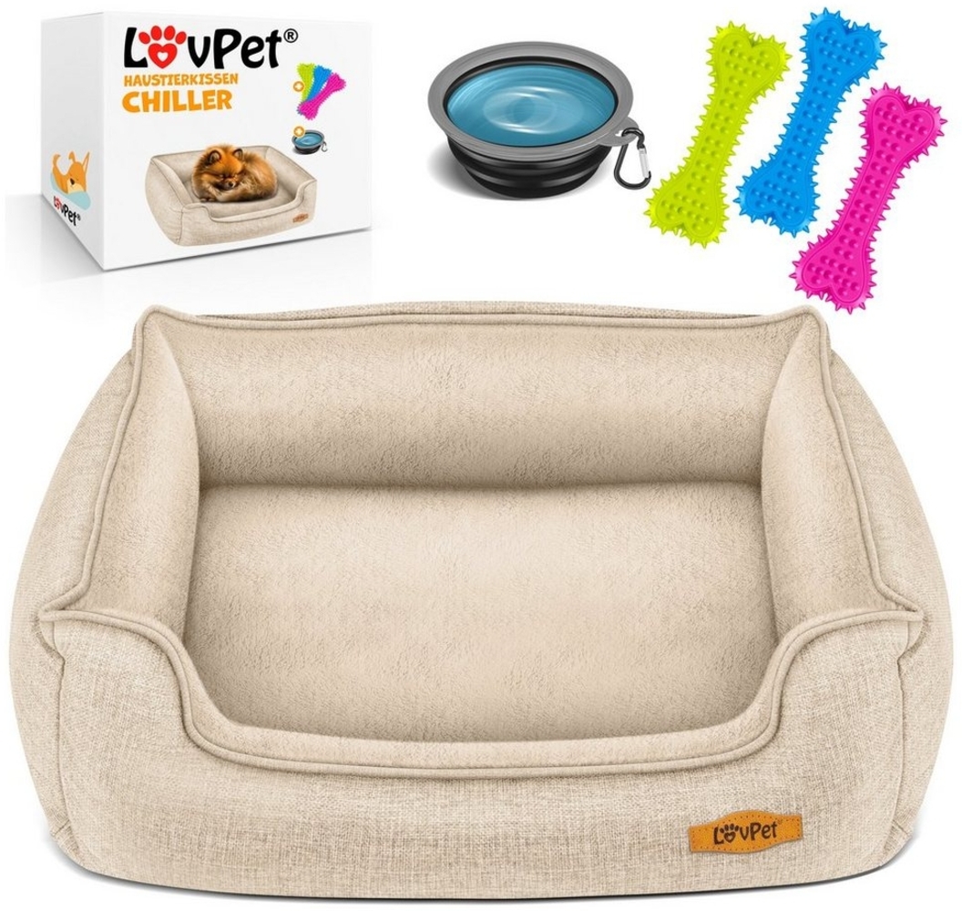 LovPet® Hundebett Hundekissen Hundekorb Chiller, Inkl. Napf + 3X Kauknochen, Hundesofa Kissen für Kleine, Mittelgroße & Große Hunde, Bezug abnehmbar und waschbar Beige, XL (110 x 75 x 27 cm) Bild 1