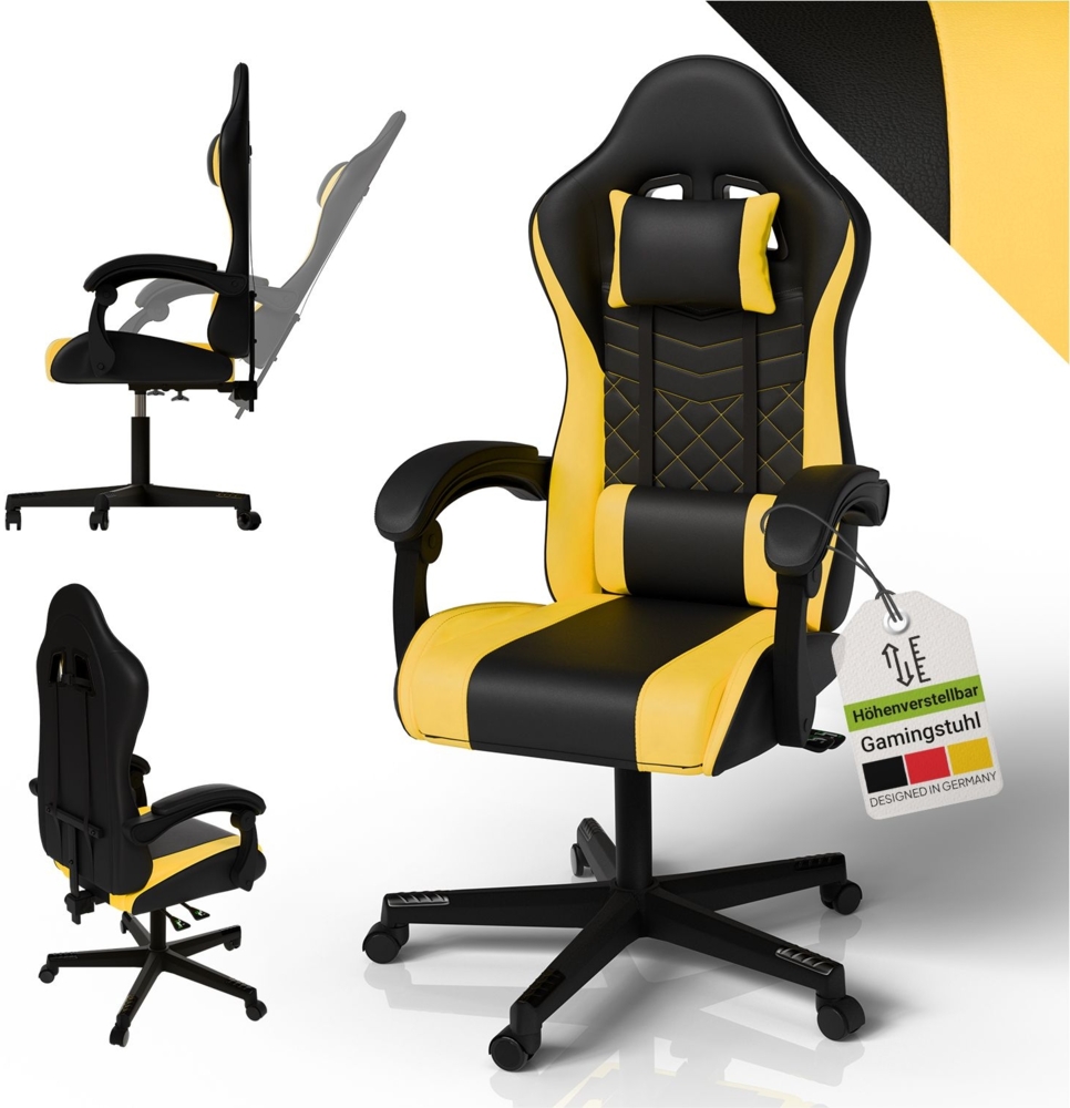 Juskys Gamingstuhl HyperSeat, verstellbare Rückenlehne, höhenverstellbarer Drehstuhl, Kunstleder, ergonomisch, für Büro & Gaming Setup – Schwarz/gelb Bild 1
