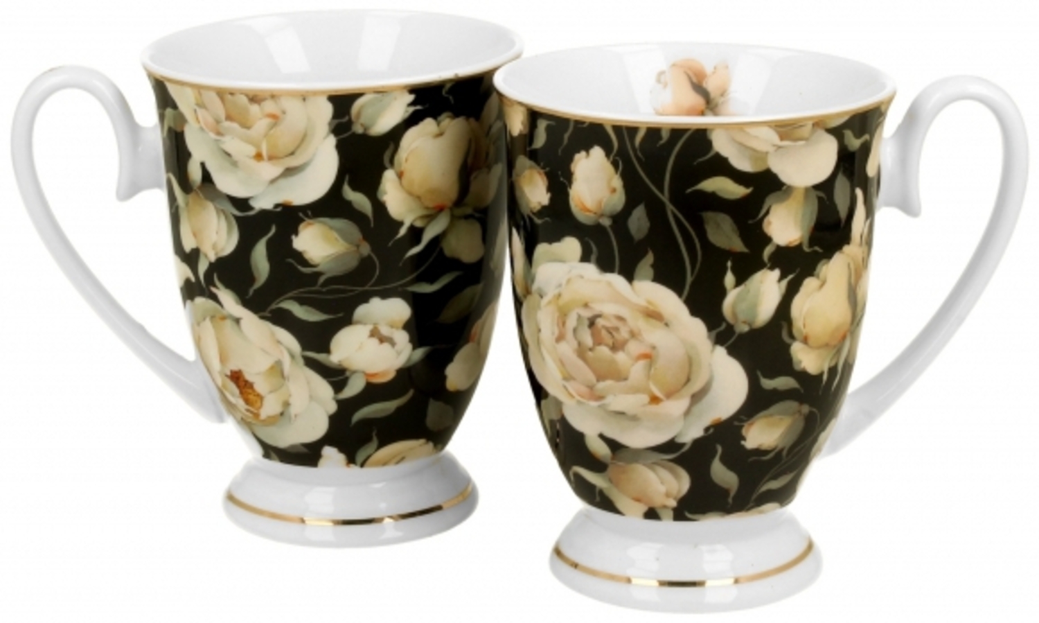 DUO GOLDEN LINE 2er Set Becher mit Fuß 320 ml ENGLISH ROSES BLACK, New Bone China Porzellan Bild 1