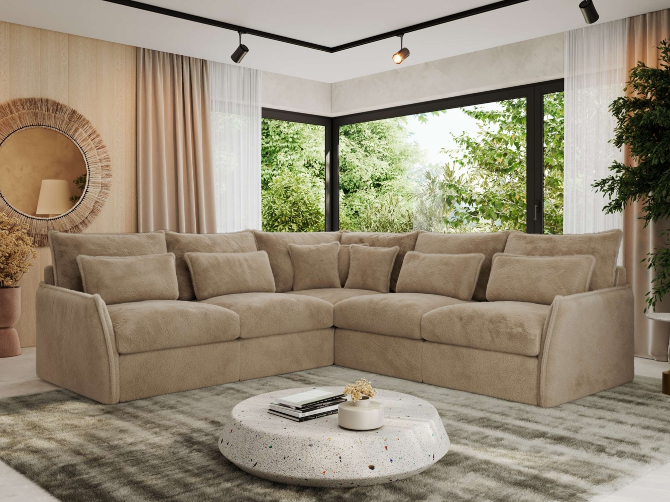 Ecksofa für Wohnzimmer, L-förmige Ecke mit losen Kissen, modular 4-Sitzer couchgarnitur - VERSO - Beige Plüschstoff Bild 1